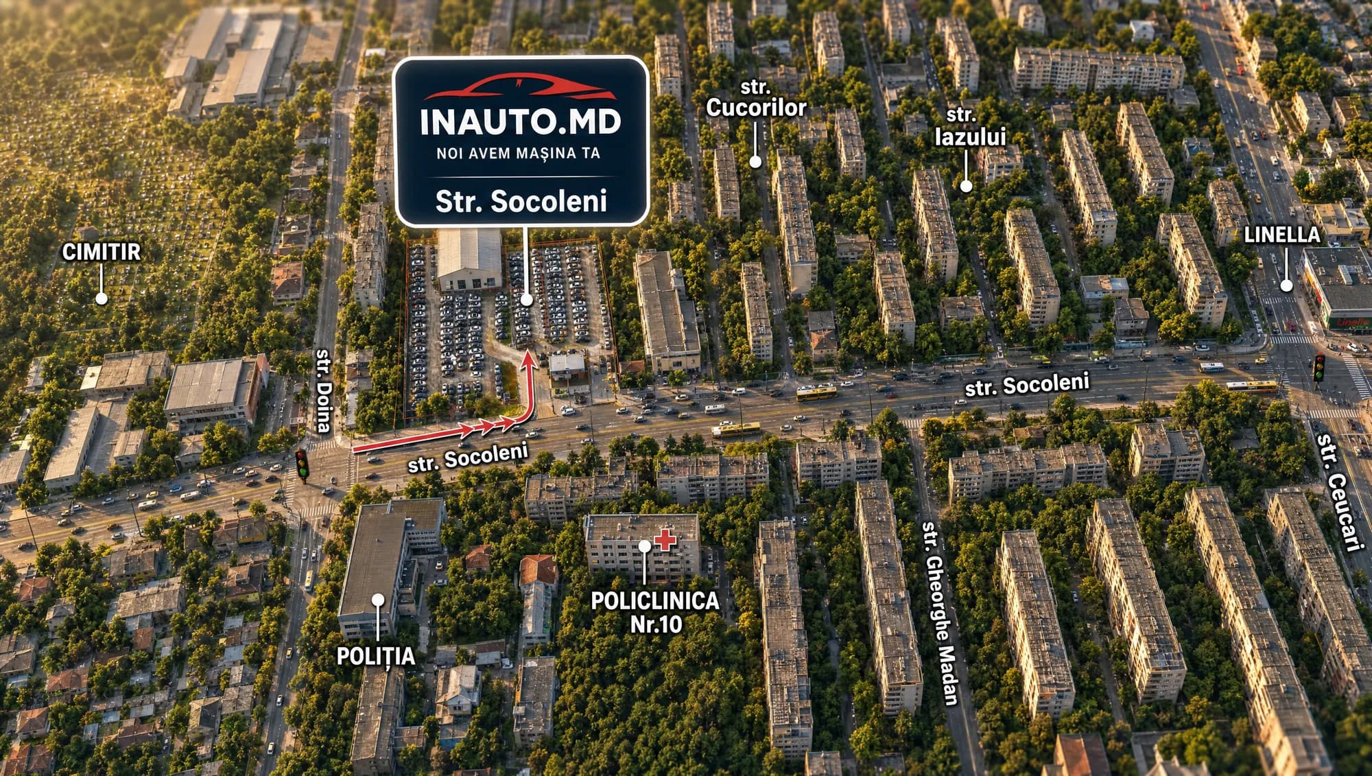 Harta din aer a parcării INAUTO.MD de pe str. Socoleni, Chișinău — lângă Poliția, Policlinica nr. 10 și Linella